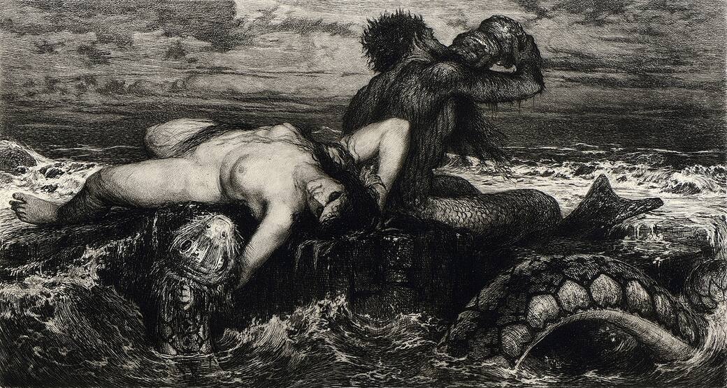 Arnold_Böcklin_Meeresidylle_Idilio_Marino_(d’après_Triton_und_Nereide_1874)_1880_acquaforte_di_Wilhelm_Hecht_da_«Die_Graphischen_Künste»_anno_II_(1880)..jpg
