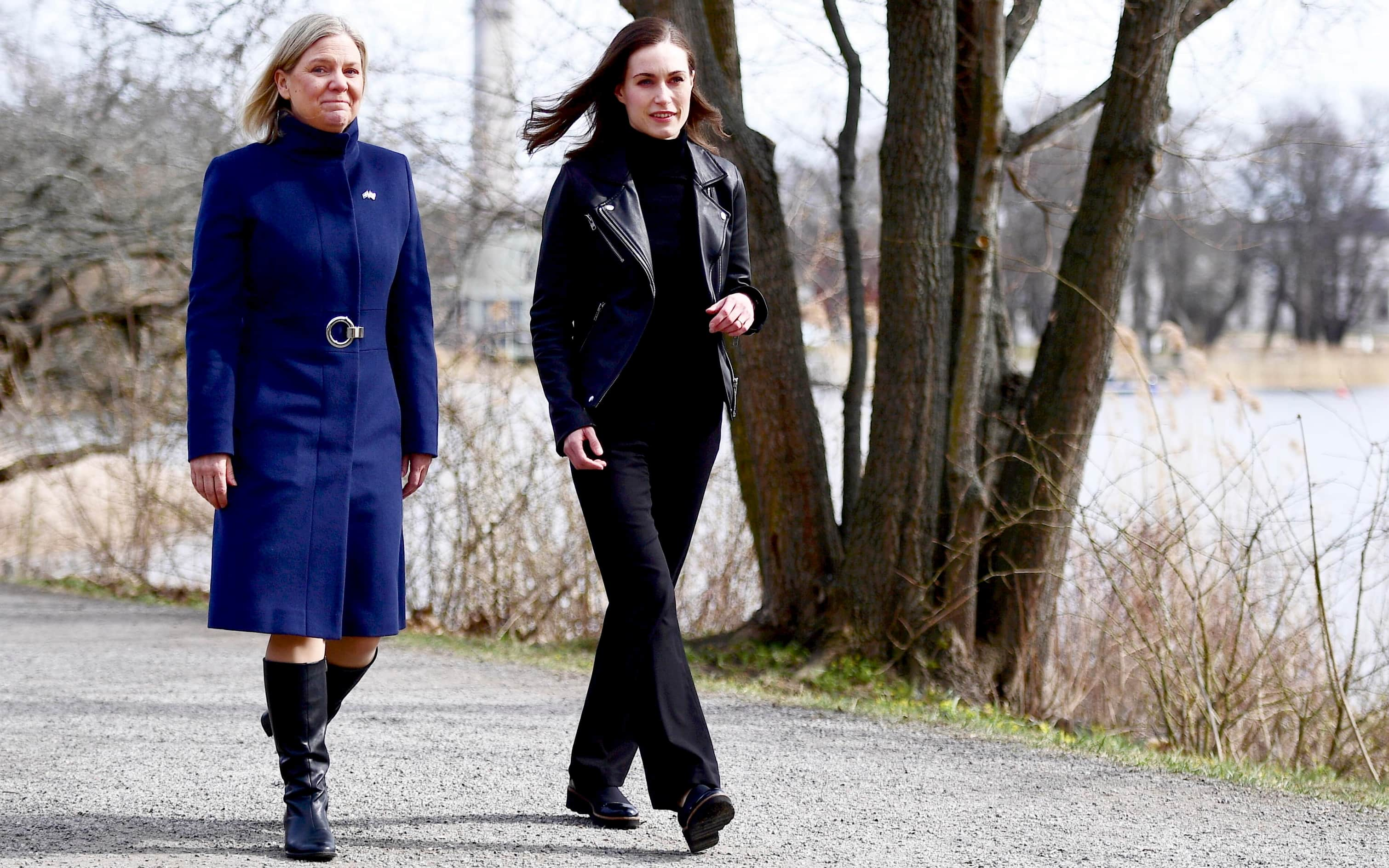 Swedish Prime Minister Magdalena Andersson (L) receives Finnish Prime Minister Sanna Marin prior to a meeting in Stockholm, Sweden, 13 April 2022. The two officials will have talks that are expected to focus on developments following the Russian invasion of Ukraine and the possible seeking to gain NATO membership.  ANSA/PAUL WENNERHOLM  SWEDEN OUT