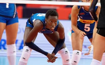 epa07795640 Paola Ogechi Egonu of Italy in action during the 2019 CEV Volleyball Women European Championship match between Italy and Belgiumin Atlas Arena in Lodz, Poland, 26 August 2019.  EPA/Grzegorz Michalowski POLAND OUT