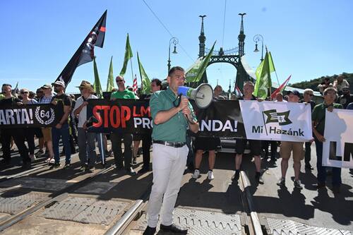 epa12203014 MP and vice chairman of Hungarian far-right political party Our Homeland Movement (Mi Hazank Mozgalom) Elod Novak (C) speaks as they block the Szabadsag (Freedom) bridge during the Budapest Pride march in Budapest, Hungary, 28 June 2025. Thousands of people gathered at the Pride march despite a law passed earlier this year banning Pride events.  EPA/NOEMI BRUZAK HUNGARY OUT