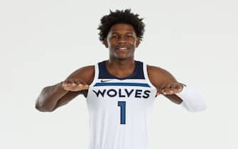 MINNEAPOLIS, MN - NOVEMBER 20: Anthony Edwards, first overall pick of the Minnesota Timberwolves in the 2020 NBA Draft poses for a portrait on November 20, 2020 at the Minnesota Timberwolves and Lynx Courts at Mayo Clinic Square in Minneapolis, Minnesota.  NOTE TO USER: User expressly acknowledges and agrees that, by downloading and or using this Photograph, user is consenting to the terms and conditions of the Getty Images License Agreement. Mandatory Copyright Notice: Copyright 2020 NBAE (Photo by David Sherman/NBAE via Getty Images)