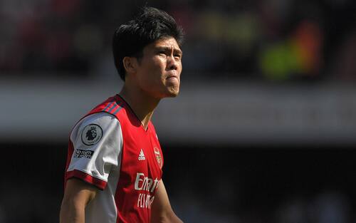 epa09933911 Takehiro Tomiyasu of Arsenal reacts after the English Premier League soccer match between Arsenal FC and Leeds United in London, Britain, 08 May 2022.  EPA/VINCE MIGNOTT EDITORIAL USE ONLY. No use with unauthorized audio, video, data, fixture lists, club/league logos or 'live' services. Online in-match use limited to 120 images, no video emulation. No use in betting, games or single club/league/player publications