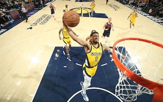 INDIANAPOLIS, IN - MAY 12:  Tyrese Haliburton #0 of the Indiana Pacers goes to the basket during the game against the New York Knicks during Round 2 Game 4  of the 2024 NBA Playoffs on May 12, 2024 at Gainbridge Fieldhouse in Indianapolis, Indiana. NOTE TO USER: User expressly acknowledges and agrees that, by downloading and or using this Photograph, user is consenting to the terms and conditions of the Getty Images License Agreement. Mandatory Copyright Notice: Copyright 2024 NBAE (Photo by Nathaniel S. Butler/NBAE via Getty Images)