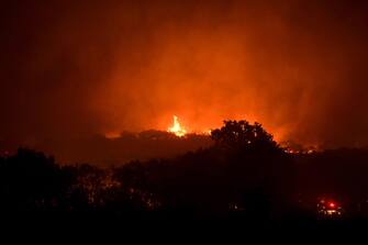 epa10811269 General view of a wildfire in Monastiraki village, near the city of Alexandroupolis, Thrace, northern Greece, 21 August 2023. The wildfire that broke out early on 19 August in a forest in the Melia area of Alexandroupolis has spread rapidly due to the strong winds blowing in the area and is raging uncontrolled.  EPA/DIMITRIS ALEXOUDIS