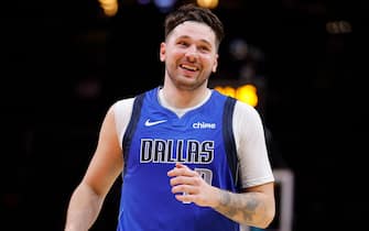 ATLANTA, GEORGIA - JANUARY 26: Luka Doncic #77 of the Dallas Mavericks reacts during the fourth quarter against the Atlanta Hawks at State Farm Arena on January 26, 2024 in Atlanta, Georgia. NOTE TO USER: User expressly acknowledges and agrees that, by downloading and or using this photograph, User is consenting to the terms and conditions of the Getty Images License Agreement. (Photo by Todd Kirkland/Getty Images) *** Local Caption *** Luka Doncic