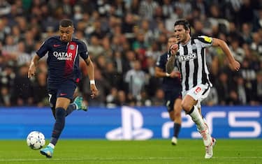 Paris Saint-Germain's Kylian Mbappe gets away from Newcastle United's Sandro Tonali during the UEFA Champions League Group F match at St. James' Park, Newcastle upon Tyne. Picture date: Wednesday October 4, 2023.