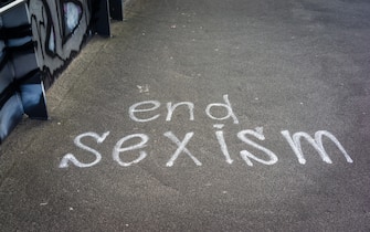 End sexism graffiti in a street in Berlin, April 2022 - anti patriarchy concept, Berlin, Germany, Europe