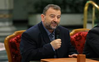 CAIRO, EGYPT - OCTOBER 12 : Deputy Chairman of the Movement's Political Bureau Saleh Al-Arouri makes a speech after signing the reconciliation agreement to build a consensus with Palestinian Fatah movement leader Azzam Al-Ahmad (not seen) in Cairo, Egypt on October 12, 2017. (Photo by Ahmed Gamil/Anadolu Agency/Getty Images)