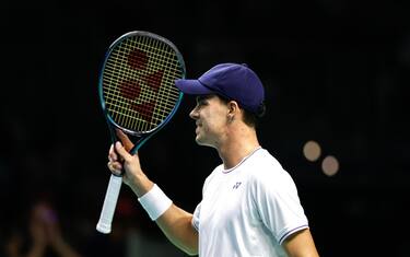 epa11731087 Daniel Altmaier of Germany celebrates his first set against Gabriel Diallo of Canada (not pictured) during the Davis Cup quarterfinal match between Germany and Canada at the Jose Maria Martin Carpena Sports Palace in Malaga, Spain, 20 November 2024.  EPA/JORGE ZAPATA