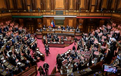 La protesta con dei cartelli da parte dei senatori dell opposizione durante il voto finale in Senato sul ddl sulla separazione delle carriere dei magistrati, Roma, 30 ottobre 2025. ANSA/RICCARDO ANTIMIANI
