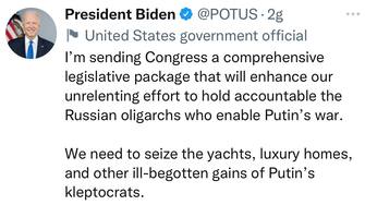 Il presidente Biden ha proposto la confisca e il sequestro dei beni degli oligarchi sanzionati dagli Stati Uniti per utilizzarli nella ricostruzione dell’Ucraina