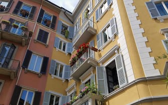 View from below of traditional residential buildings in the Brera district in Milan, Italy