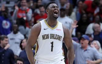 NEW ORLEANS, LOUISIANA - FEBRUARY 22: Zion Williamson #1 of the New Orleans Pelicans reacts during a game against the Houston Rockets at the Smoothie King Center on February 22, 2024 in New Orleans, Louisiana. NOTE TO USER: User expressly acknowledges and agrees that, by downloading and or using this Photograph, user is consenting to the terms and conditions of the Getty Images License Agreement. (Photo by Jonathan Bachman/Getty Images)