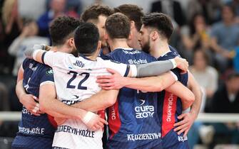 BLM Group Arena, Trento, Italy, March 16, 2023, Grupa Azoty ZAKSA Kedzierzyn-Kozle celebrates a point  during  Quarter of Finals - ITAS Trentino vs Groupa Azoty ZAKSA K?dzierzyn-Kozle - CEV Champions League volleyball match