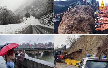 La combo mostra, da in alto a sinistra in senso orario:
- La valanga caduta sulla strada regionale 44 della valle del Lys, nel comune di Gaby (Aosta), ostruendo anche l'ingresso di una galleria.
- Il masso che ha sfondato il muro della scuola elementare 'Aldo Moro', senza provocare feriti, Crocefieschi (Genova).
- La frana che si è verificata in seguito alle abbondanti piogge provocando la caduta di rocce a Calestano, nel Parmense.
- Alcune turiste passeggiano lungo il Po riparandosi dalla pioggia con gli ombrelli, Torino.
ANSA/VIGILI DEL FUOCO/CARABINIERI/JESSICA PASQUALON/FRANCESCO VALERIO