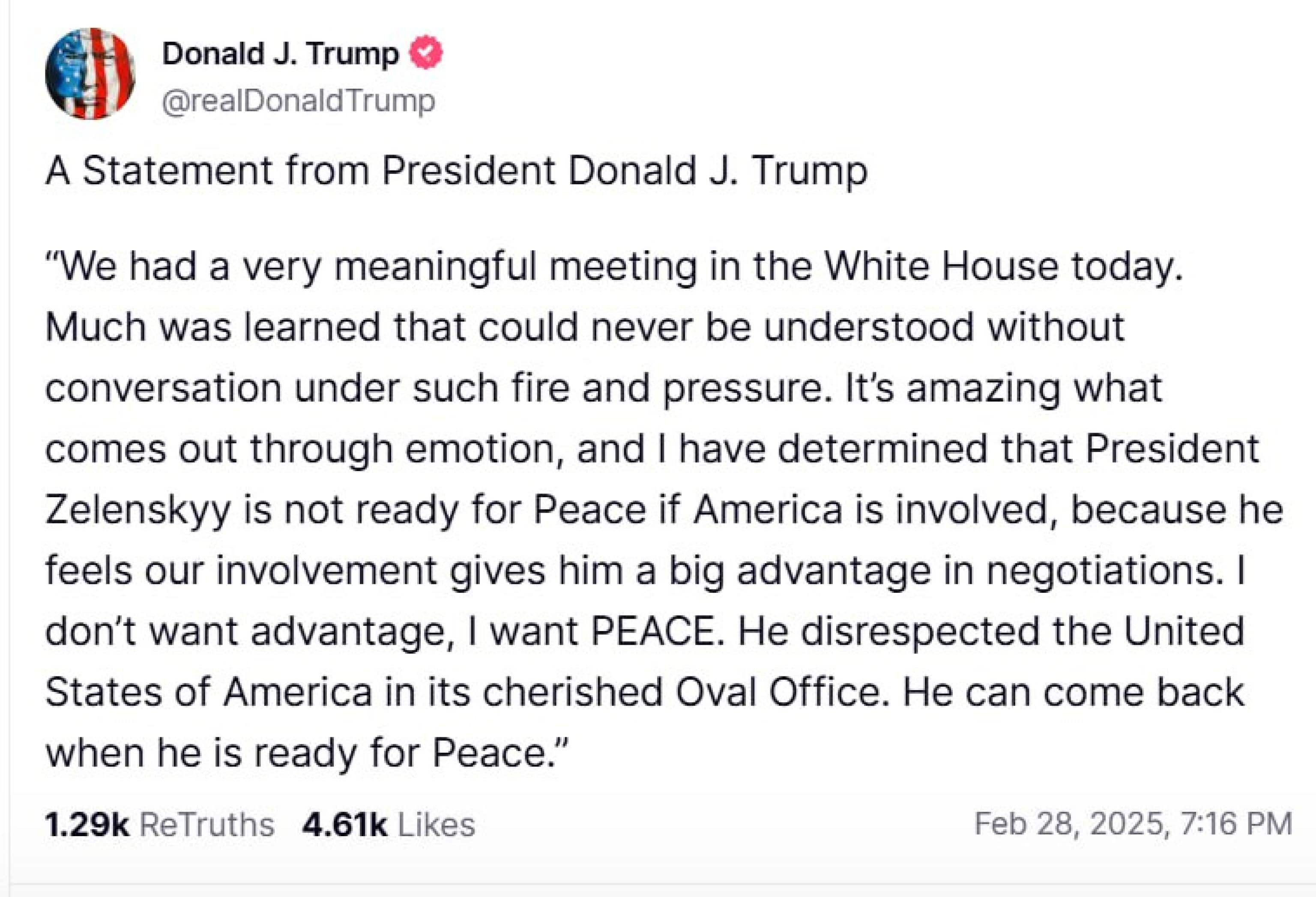 Il post su Truth di Donald Trump