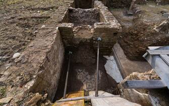 Il bagno rituale ebraico emerso dagli scavi condotti a Ostia Antica, 10 marzo 2025.   NPK   ANSA / Ufficio stampa Ministero Cultura     +++ ANSA PROVIDES ACCESS TO THIS HANDOUT PHOTO TO BE USED SOLELY TO ILLUSTRATE NEWS REPORTING OR COMMENTARY ON THE FACTS OR EVENTS DEPICTED IN THIS IMAGE; NO ARCHIVING; NO LICENSING +++
