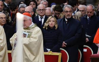 Italian Premier Giorgia Meloni during the Christmas Night Mass at St Peter's Basilica in Vatican City, 24 December 2024. Today Pope Francis formally started the Catholic Jubilee Year 2025.  ANSA/FABIO FRUSTACI