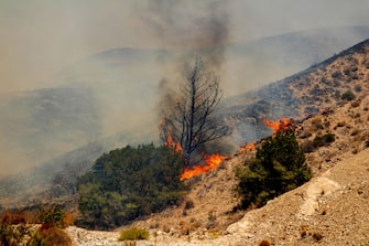 epa10767988 A fire burns trees and low vegetation in Vati village, on Rhodes Island, Greece, 25 July 2023. The toughest fires so far are on Rhodes and Corfu, the Fire Brigade's spokesperson Yiannis Artopios said on 25July, while the other fires have rekindlings. The rekindling early in the morning in the region of Vati, Southeast Rhodes, resulted in evacuation orders through the 112 emergency notification system, calling on residents to leave in the direction of Lindos. A total of 266 firefighters, 16 rough terrain teams, 55 water trucks, several volunteers and Civil Protection agencies are constantly operating in the region, Artopios said, aided by 9 airplanes and 4 helicopters that operate during the day.  EPA/DAMIANIDIS LEFTERIS