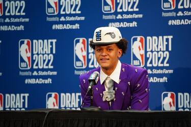 BROOKLYN, NY - JUNE 23: Paolo Banchero talks to the media after being selected by the Orlando Magic during the 2022 NBA Draft on June 23, 2022 at Barclays Center in Brooklyn, New York. NOTE TO USER: User expressly acknowledges and agrees that, by downloading and or using this photograph, User is consenting to the terms and conditions of the Getty Images License Agreement. Mandatory Copyright Notice: Copyright 2022 NBAE (Photo by Melanie Fidler/NBAE via Getty Images)