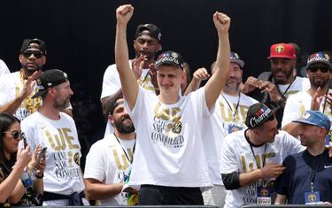 DENVER, COLORADO - JUNE 15: Nikola Jokic #15 speaks during the Denver Nuggets victory parade and rally after winning the 2023 NBA Championship at Civic Center Park on June 15, 2023 in Denver, Colorado. NOTE TO USER: User expressly acknowledges and agrees that, by downloading and or using this photograph, User is consenting to the terms and conditions of the Getty Images License Agreement. (Photo by Matthew Stockman/Getty Images)