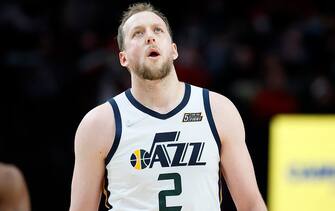 PORTLAND, OREGON - DECEMBER 29: Joe Ingles # 2 of the Utah Jazz reacts during the first half against the Portland Trail Blazersat Moda Center on December 29, 2021 in Portland, Oregon. NOTE TO USER: User expressly acknowledges and agrees that, by downloading and or using this photograph, User is consenting to the terms and conditions of the Getty Images License Agreement. (Photo by Soobum Im/Getty Images)