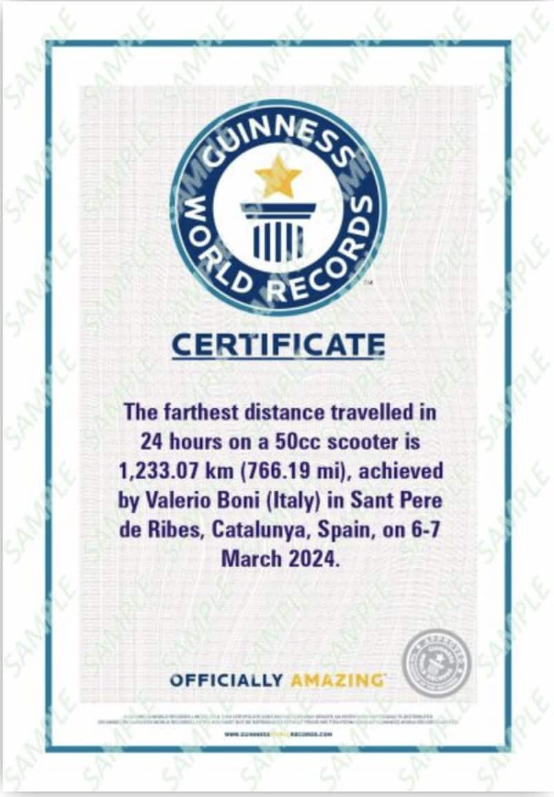 Il certificato ufficiale del Guiness World Record
