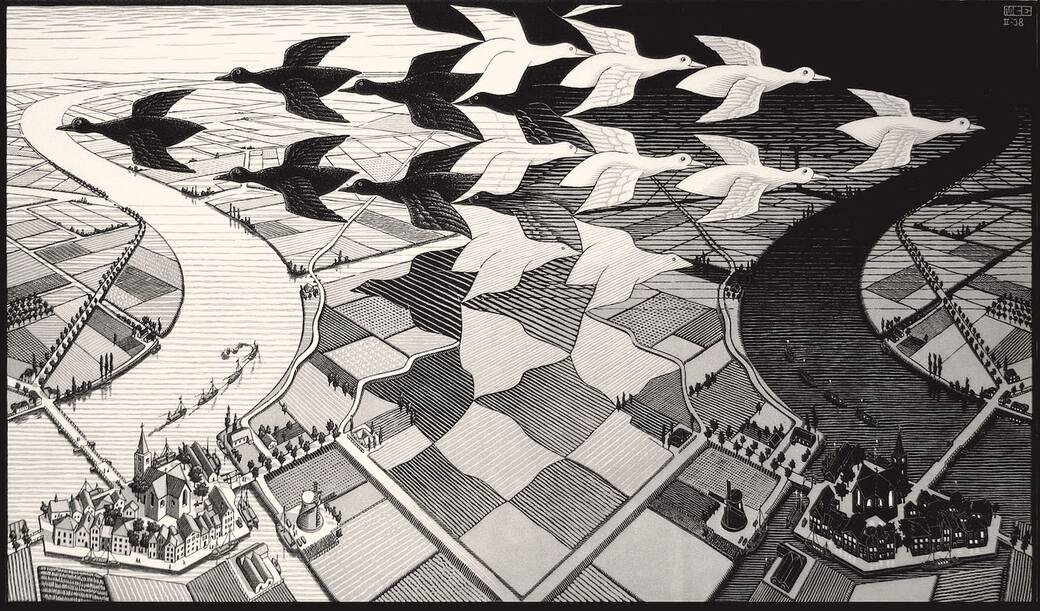 Maurits Cornelis Escher, Giorno e notte, Febbraio 1938. Xilografia, 39,1x67,7 cm 3. Collezione Maurits, Italia. All M.C. Escher works © 2025 The M.C. Escher Company, The Netherlands. All rights reserved. www.mcescher.com