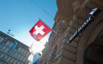 Company headquarters of Switzerland's two largest banks UBS (background) and Credit Suisse at Zurich, Switzerland, Paradeplatz.