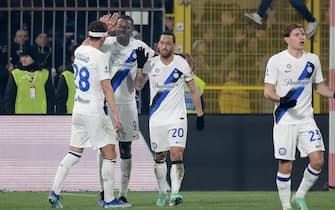 FC Inter's players celebrate the goal scored by FC Inter's midfielder Hakan Calahanoglu during the Italian Serie A soccer match between AC Monza and FC Inter at U-Power Stadium in Monza, Italy, 13 January 2024. ANSA / ROBERTO BREGANI