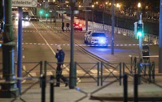 This photograph shows the police perimeter at the site of a shooting incident in the Ieperlaan - Boulevard d'Ypres, Brussels, on October 16, 2023. Prosecutor's office announced two killed in a shooting in Brussels on October 16, 2023. (Photo by HATIM KAGHAT / Belga / AFP) / Belgium OUT (Photo by HATIM KAGHAT/Belga/AFP via Getty Images)