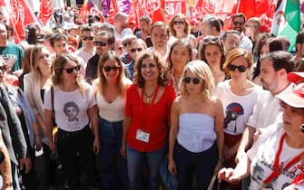 epa10601766 Spanish Minister of Equality, Irene Montero (L); Minister of Treasury, Maria Jesus Montero (C), and Minister of Labour, Yolanda Diaz (C-R), attend a rally called by the Spanish main trade unions UGT and CCOO on the occasion of the International Workers' Day, in Madrid, Spain, 01 May 2023. International Workers' Day is an annual holiday that takes place on 01 May and celebrates workers, their rights, achievements and contributions to society.  EPA/Juan Carlos Hidalgo