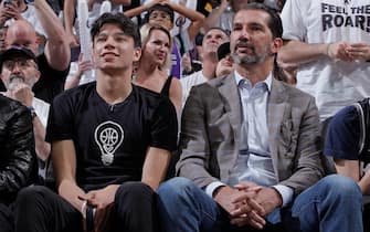 SACRAMENTO, CA - APRIL 30: Former NBA player Peja Stojakovic and his son Andrej Stojakovic attend Round 1 Game 7 of the 2023 NBA Playoffs on April 30, 2023 at Golden 1 Center in Sacramento, California. NOTE TO USER: User expressly acknowledges and agrees that, by downloading and or using this photograph, User is consenting to the terms and conditions of the Getty Images Agreement. Mandatory Copyright Notice: Copyright 2023 NBAE (Photo by Rocky Widner/NBAE via Getty Images)