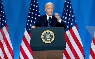 US President Joe Biden at a news conference during the NATO Summit in Washington, DC, US, on Thursday, July 11, 2024. President Joe Biden and NATO's 31 other leaders had hoped their summit would celebrate fresh unity against Russia's Vladimir Putin, send a warning to China and prove the alliance is as strong as ever in its 75th year, but the three days of pageantry will be overshadowed by domestic turmoil across the alliance. Photographer: Graeme Sloan/Bloomberg via Getty Images