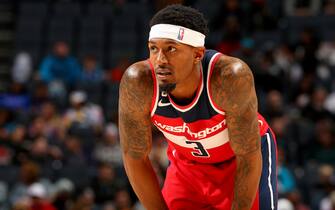 CHARLOTTE, NC - DECEMBER 2: Bradley Beal #3 of the Washington Wizards looks on during the game against the Charlotte Hornets on December 2, 2022 at Spectrum Center in Charlotte, North Carolina. NOTE TO USER: User expressly acknowledges and agrees that, by downloading and or using this photograph, User is consenting to the terms and conditions of the Getty Images License Agreement. Mandatory Copyright Notice: Copyright 2022 NBAE (Photo by Kent Smith/NBAE via Getty Images) 