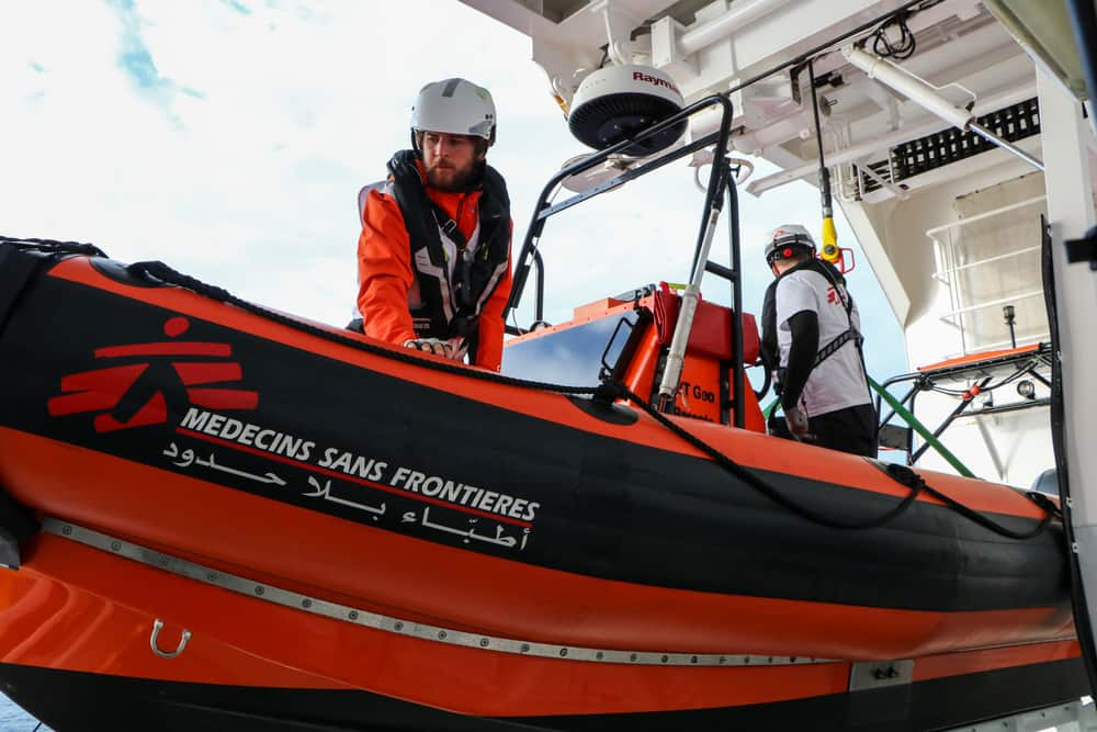 ROTATION 1, 29/05/21 - While the Geo Barents sails towards the SAR zone in the central Mediterranean, the MSF teams train on the RHIBs (fast rescue boat) the first approach to a boat in distress, the speech given by the cultural mediator on the RHIB, the explaining of wearing life-jackets and a distribution of life-jackets to survivors