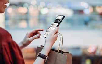 Cropped shot of young Asian woman holding a paper shopping bag, managing online banking with mobile app on smartphone. Transferring money, paying bills, checking balance while shopping in a shopping mall. Technology makes life so much easier