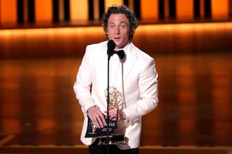 Jan 15, 2024; Los Angeles, CA, USA; Jeremy Allen White accepts the award for best lead actor in a drama series for his role as Carmen Carmy Berzatto in the FX series ‘The Bear’ during the 75th Emmy Awards at the Peacock Theater in Los Angeles on Monday, Jan. 15, 2024. Mandatory Credit: Robert Hanashiro-USA TODAY/Sipa USA