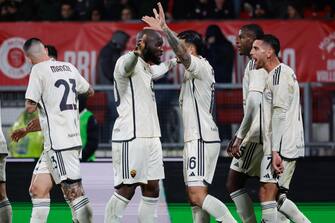 AS Roma's players celebrate the goal scored by AS Roma's forward Romelo Lukaku during the Italian Serie A soccer match between AC Monza and AS Roma at U-Power Stadium in Monza, Italy, 2 March 2024. ANSA / ROBERTO BREGANI