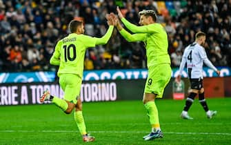 Sassuolo’s Domenico Berardi celebrates after scoring a goal during the italian soccer Serie A match between Udinese Calcio vs US Sassuolo on december 17, 2023 at the Bluenergy stadium in Udine, Italy. ANSA/Alessio Marini