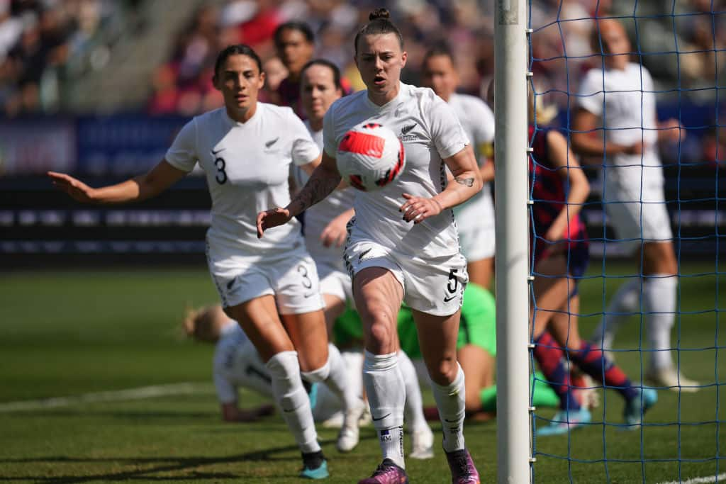 CARSON, CA - FEBRUARY 20: Meikayla Moore #5 of New Zealand defending in the box during a game between New Zealand and USWNT at Dignity Health Sports Park on February 20, 2022 in Carson, California. (Photo by Brad Smith/ISI Photos/Getty Images)