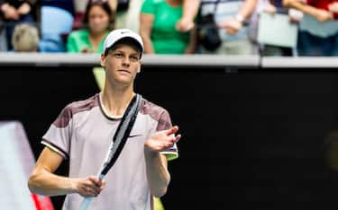 MELBOURNE, VIC - JANUARY 19: Jannik Sinner of Italy recognises the road after winning his match during the 3rd round of the 2024 Australian Open on January 19 2024, at Melbourne Park in Melbourne, Australia. (Photo by Jason Heidrich/Icon Sportswire via Getty Images)