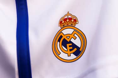 Real Madrid logo is seen on a football shorts at the souvenir shop in Madrid, Spain on June 27, 2022. (Photo by Jakub Porzycki/NurPhoto via Getty Images)