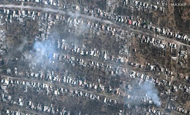 "March 6, 2023, #satelliteimagery of #Bakhmut, #Ukraine, visually shows the extent of severe destruction across the city", si legge sul profilo Twitter Maxar Technologies, 10 marzo 2023.    NPK      Twitter / Maxar Technologies +++ATTENZIONE LA FOTO NON PUO' ESSERE PUBBLICATA O RIPRODOTTA SENZA L'AUTORIZZAZIONE DELLA FONTE DI ORIGINE CUI SI RINVIA+++   +++NO SALES; NO ARCHIVE; EDITORIAL USE ONLY+++