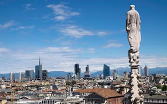Italy, Lombardy, Milan: the city viewed from the cathedral (Duomo di Milano)