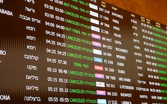 TEL AVIV, ISRAEL - APRIL 14: An info-board shows the status of flights as Israel closed its airspace to all domestic and international flights between 01.00-07.00 a.m. were canceled after Iran launched the attack on Israel, at Ben Gurion airport in Tel Aviv, Israel on April 14, 2024. (Photo by Nir Keidar/Anadolu via Getty Images)