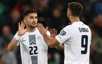 Slovenia&#x92;s Adam Cerin (left) celebrates scoring the opening goal during the UEFA Euro 2024 qualifying match at Windsor Park, Belfast. Picture date: Tuesday October 17, 2023.