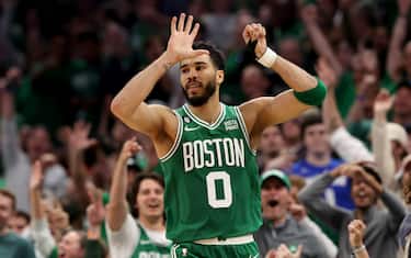 BOSTON, MASSACHUSETTS - MAY 14: Jayson Tatum #0 of the Boston Celtics celebrates breaking 50 points against the Philadelphia 76ers during the fourth quarter in game seven of the 2023 NBA Playoffs Eastern Conference Semifinals at TD Garden on May 14, 2023 in Boston, Massachusetts. NOTE TO USER: User expressly acknowledges and agrees that, by downloading and or using this photograph, User is consenting to the terms and conditions of the Getty Images License Agreement. (Photo by Adam Glanzman/Getty Images)