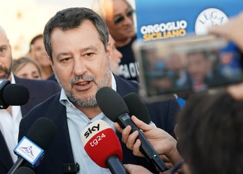 Il ministro dei Trasporti e delle Infrastrutture Matteo Salvini a Messina per partecipare al direttivo regionale straordinario della Lega. Messina, 6 agosto 2025. ANSA/CARMELO IMBESI
