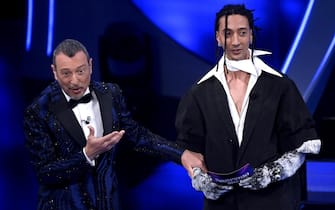 Sanremo Festival host and artistic director Amadeus with Italian singer Ghali on stage at the Ariston theatre during the 74th Sanremo Italian Song Festival, in Sanremo, Italy, 07 February 2024. The music festival will run from 06 to 10 February 2024.  ANSA/RICCARDO ANTIMIANI